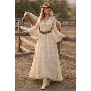Lucy Paris Fairy Sheer boho chic Crochet bell sleeve Maxi dress Ethereal Med